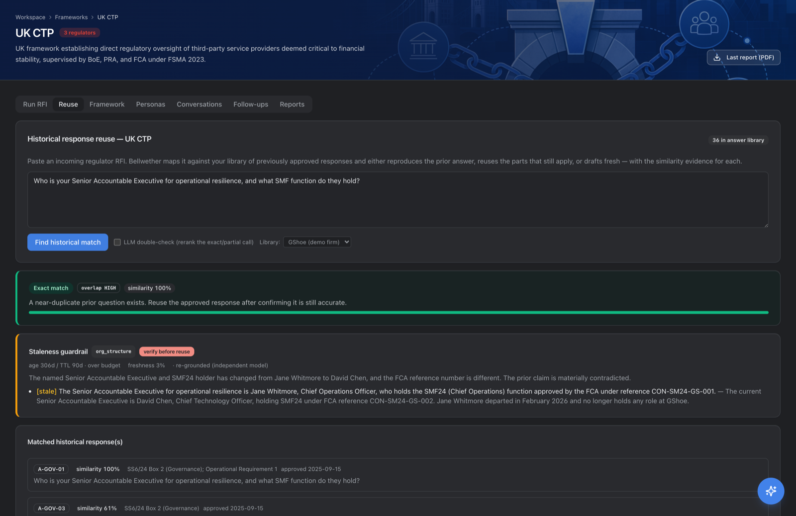 Screenshot of the reuse tab: a 100 percent match to a prior answer, with the staleness guardrail flagging that the named senior executive has changed